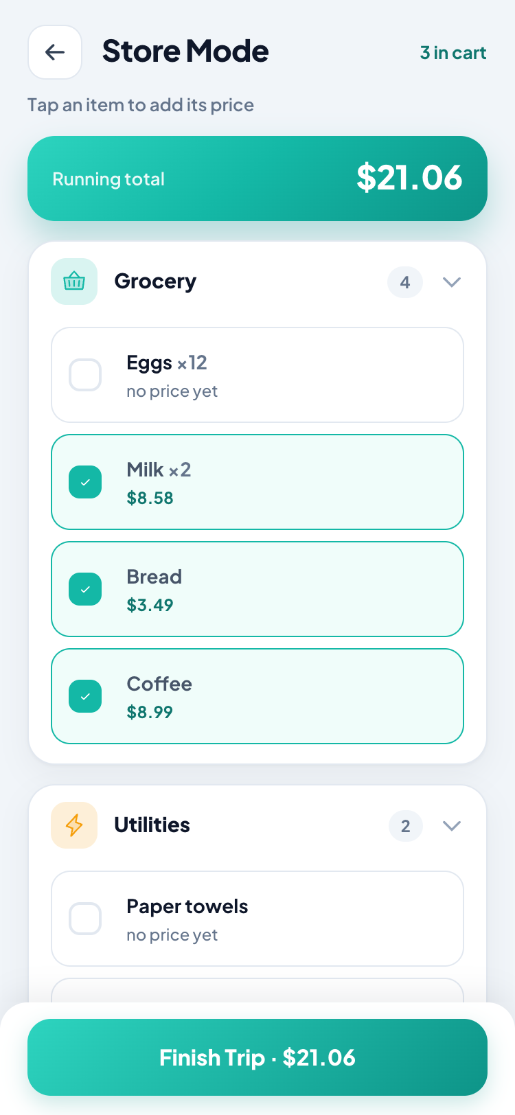 ShareLista Store Mode with a running cart total